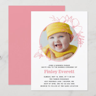 Baby Photo Pink Floral Frame Naming Ceremony Invitation