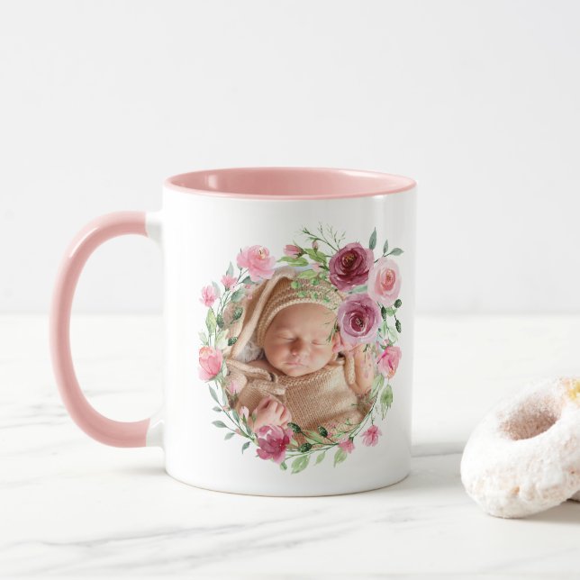Baby Photo Pink Flowers Watercolor Name Floral Mug (With Donut)