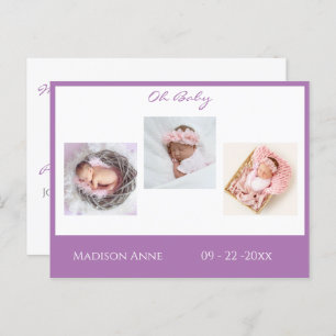 Baby Photo Purple Girl Script Stats Birth Announcement Postcard