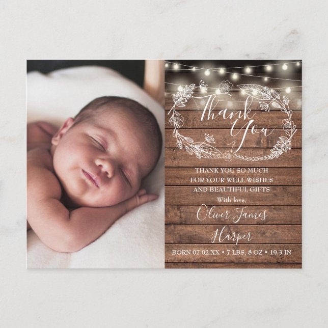 Baby Photo Rustic String Lights Thank You Birth Announcement Postcard (Front)