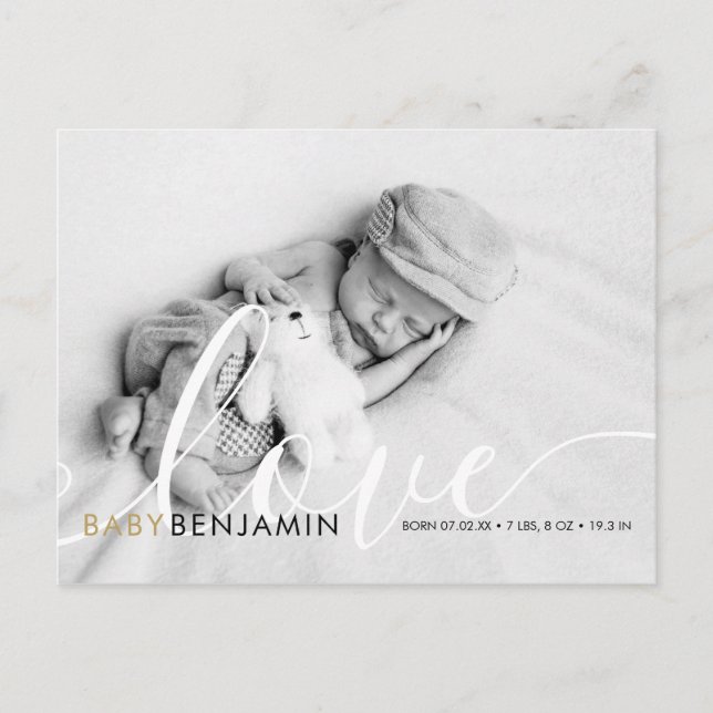 Baby Photo Script Love Chic Modern Birth Announcement Postcard (Front)