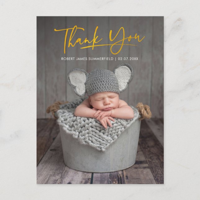 Baby Photo Script Thank You Birth Announcement Postcard (Front)