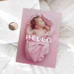 Baby Photo Simple Overlay Hello Birth Announcement<br><div class="desc">Simple birth announcement photo template card featuring blocky font as an overlay text on top of your choice of picture. You can also add your newborn's name. You can add a 2nd picture on the back of the card along with a brief message that includes the birth stats.</div>
