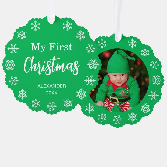  Baby Photo Snowflakes Green My First Christmas Tree Decoration Card (Front/Back)