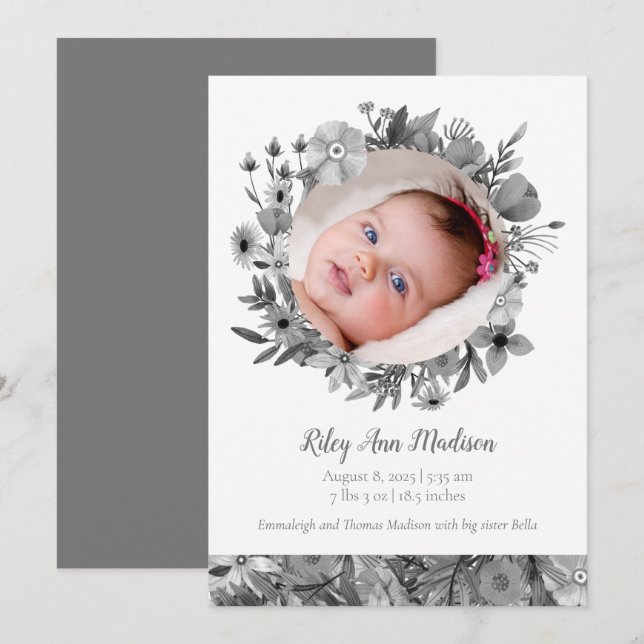 Baby Photo Spring Modern Grey Floral Announcement (Front/Back)