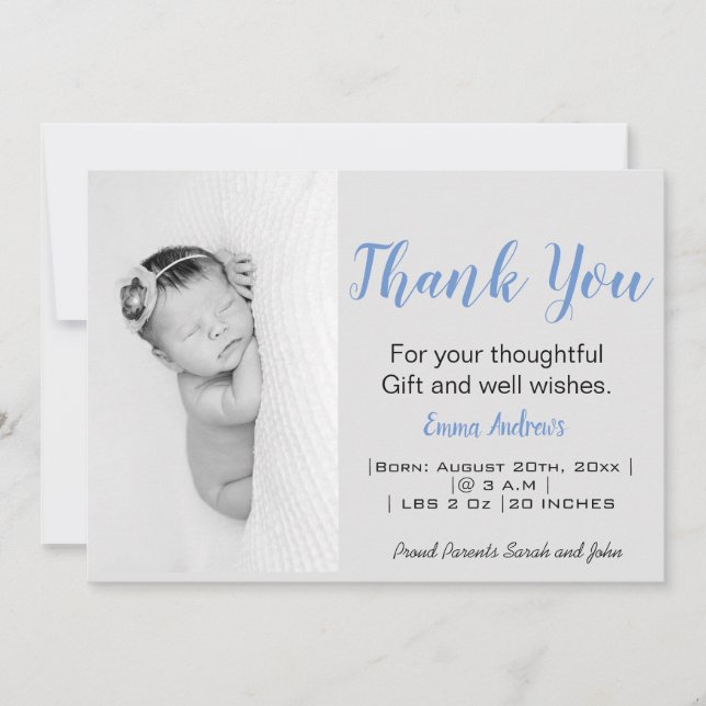 Baby Photo Thank You Blue Birth Announcement (Front)