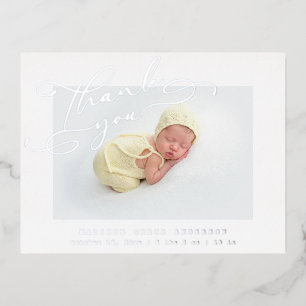 Baby Photo Thank You Elegant Modern Script Birth Foil Invitation Postcard
