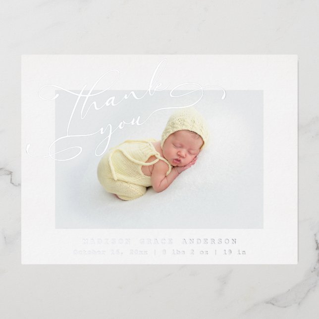 Baby Photo Thank You Elegant Modern Script Birth Foil Invitation Postcard (Front)