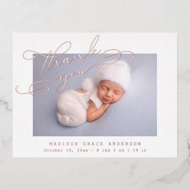 Baby Photo Thank You Elegant Modern Script Birth Foil Invitation Postcard (Front)