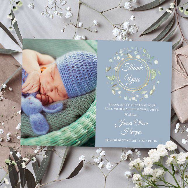 Baby Photo Thank You Greenery Dusty Blue Birth Announcement (Baby Photo Thank You Greenery Dusty Blue Birth Announcement)