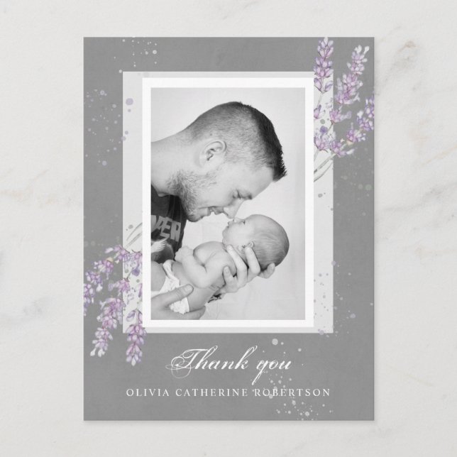 Baby Photo thank you lavender birth announcement Postcard (Front)