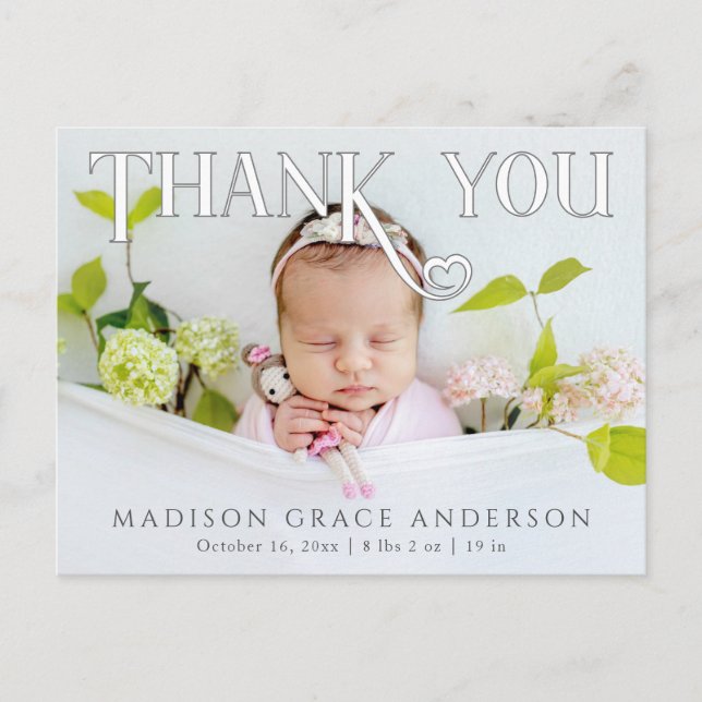 Baby Photo Thank You Modern Heart Birth Announcement Postcard (Front)