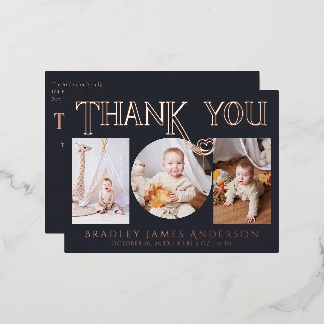 Baby Photo Thank You Modern Heart Birth Foil Foil Invitation Postcard (Front/Back)