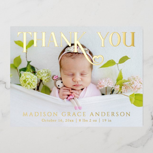 Baby Photo Thank You Modern Heart Birth Foil Invitation Postcard (Front)