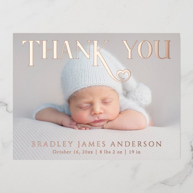 Baby Photo Thank You Modern Heart Birth Foil Invitation Postcard (Front)