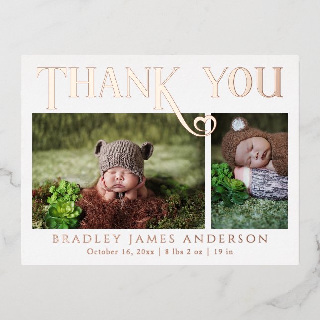 Baby Photo Thank You Modern Heart Birth Foil Invitation Postcard (Front)