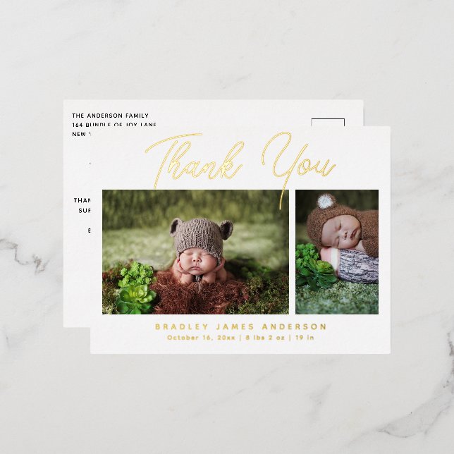 Baby Photo Thank You Modern Script Birth Foil Invitation Postcard (Front/Back)