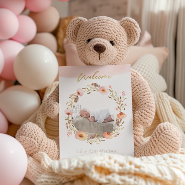 Baby Photo Trendy Floral Modern Birth Announcement (Creator Uploaded)