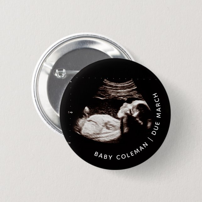 Baby photo ultrasound announcement coming soon 6 cm round badge (Front & Back)