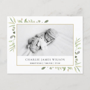 Baby Photo Watercolor Greenery Birth Announcement Postcard