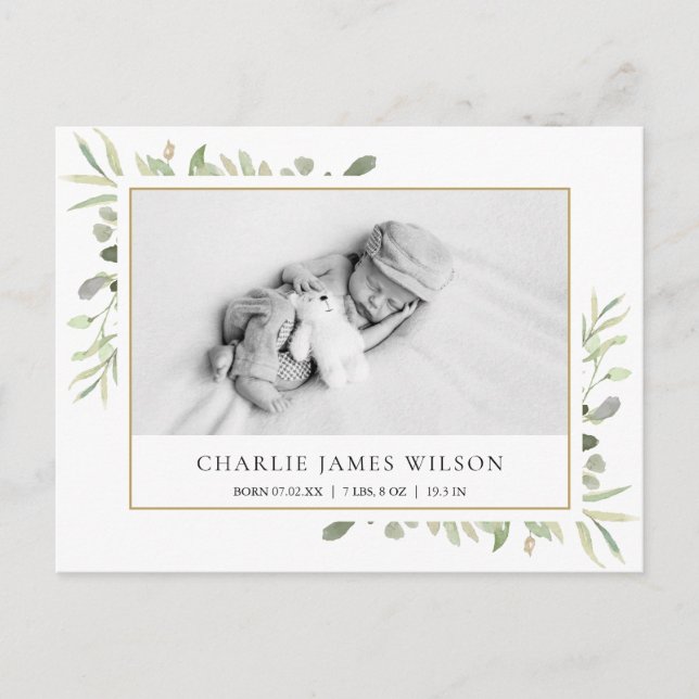 Baby Photo Watercolor Greenery Birth Announcement Postcard (Front)