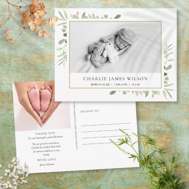 Baby Photo Watercolor Greenery  Birth Thank You Po Postcard (Creator Uploaded)