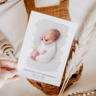 Baby Photo White Minimalist Brush Stroke Birth Announcement