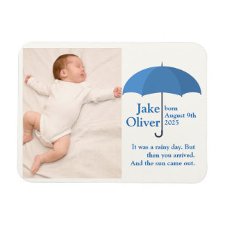 Baby Photo with Name and Date under Blue Umbrella  Magnet