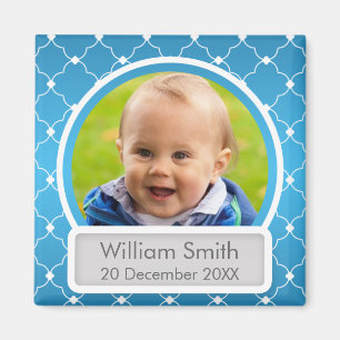 Baby Photo With Name & Date Quatrefoil Blue Magnet