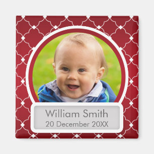 Baby Photo With Name & Date Quatrefoil Red Magnet