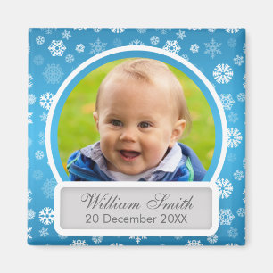 Baby Photo With Name & Date Winter Snowflake Blue Magnet