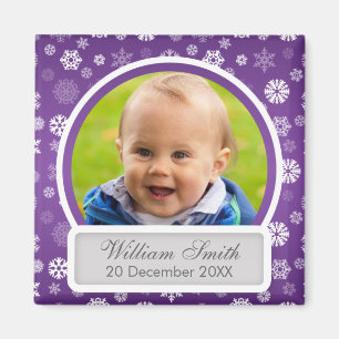 Baby Photo With Name & Date Winter Snowflake Magnet