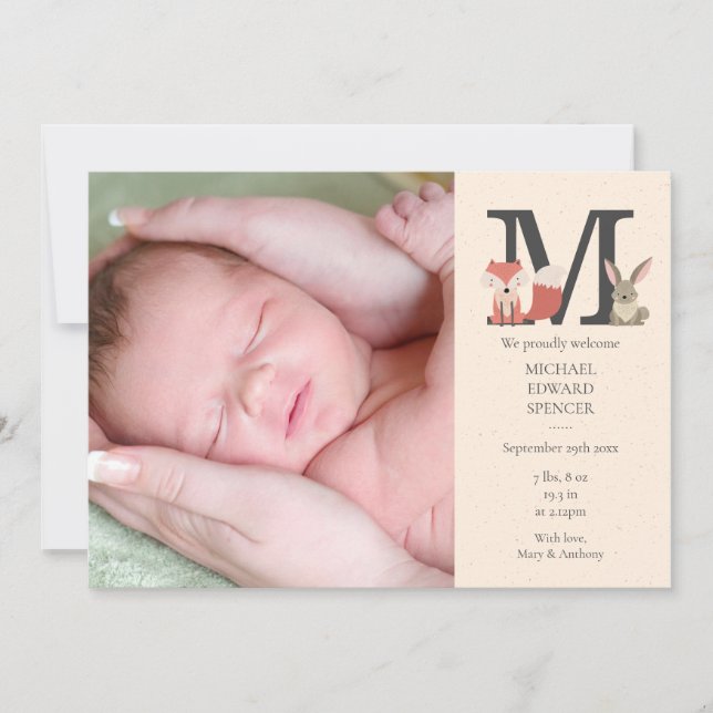 Baby Photo Woodland Animals Monogram Birth Announcement (Front)