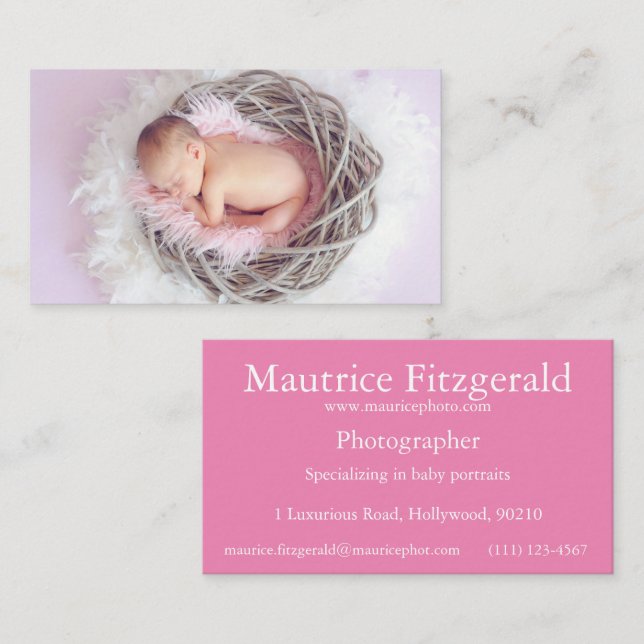 Baby photographer pink with white writing business card (Front/Back)