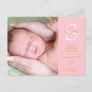 Baby Photos Pink Monogram Elegant Birth Announcement Postcard