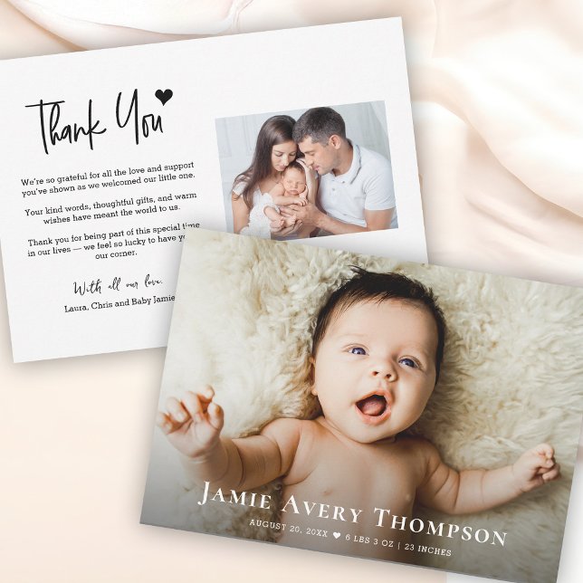 Baby Photos Thank you Heart Modern Birth Announcement (Customizable Newborn photos baby birth announcement thank you cards.)