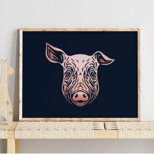 Baby Pig Animal Portrait   Cute Pink Pig Print