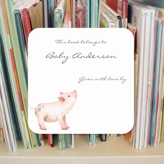 Baby pig baby shower bookplate square sticker (Creator Uploaded)