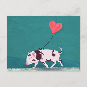 Baby Pig With Heart Balloon Postcard