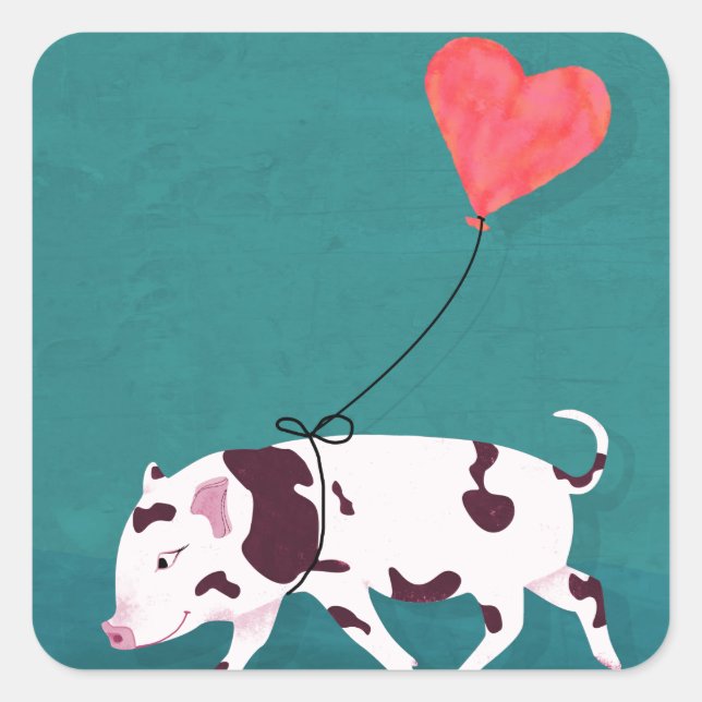 Baby Pig With Heart Balloon Square Sticker (Front)