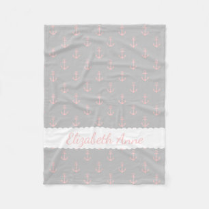 Baby Pink Anchors on Ash Grey Personalised Fleece Blanket