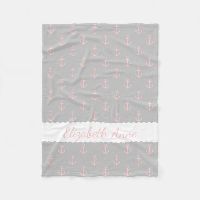 Baby Pink Anchors on Ash Grey Personalised Fleece Blanket (Front)