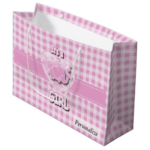 Baby Pink and White Plaid Baby Elephant Large Gift Bag