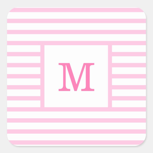 Baby Pink and White Stripes Custom Monogram Square Sticker (Front)