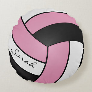 Baby Pink, Black and White Volleyball DIY Name Round Cushion