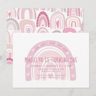 Baby Pink Boho Rainbow First Birthday Invitation