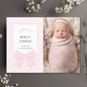 Baby Pink Bow Baby Girl Photo Birth Announcement