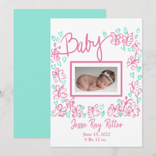 Baby Pink Butterflies Aqua Hearts Announcement
