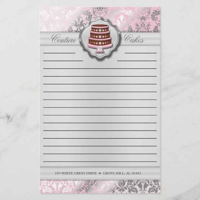 Baby Pink Cake Couture Damask Lined Business Stationery (Front)
