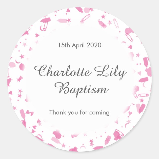 Baby Pink Confetti Baptism Christening Favour Classic Round Sticker (Front)